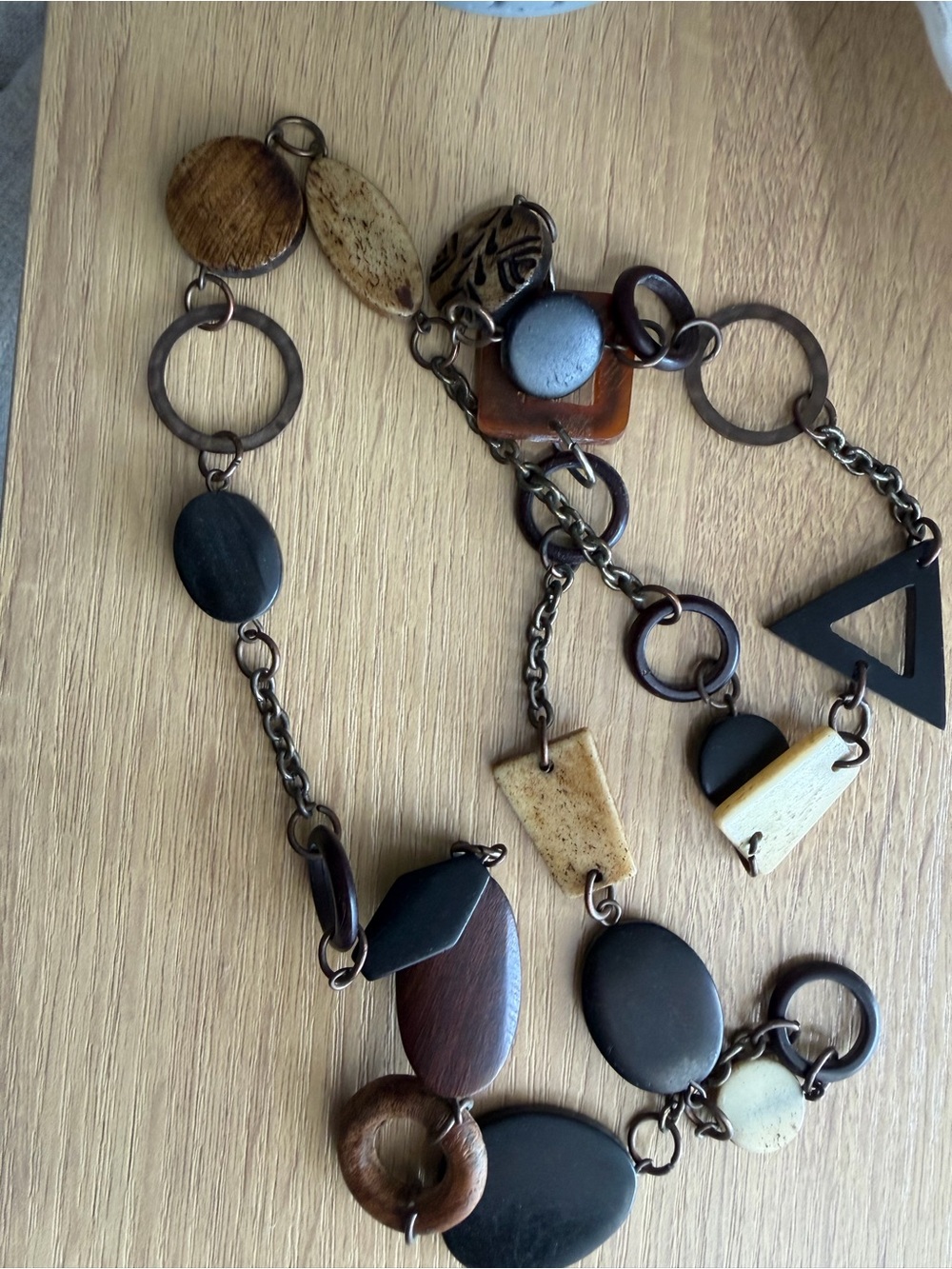 Handcrafted Mixed Shape Wood and Metal Women's Necklace - Black & Brown